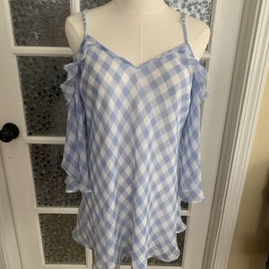 Motherhood Maternity Top Sz S Gingham Blue Check Cold Shoulder Flutter Cottage